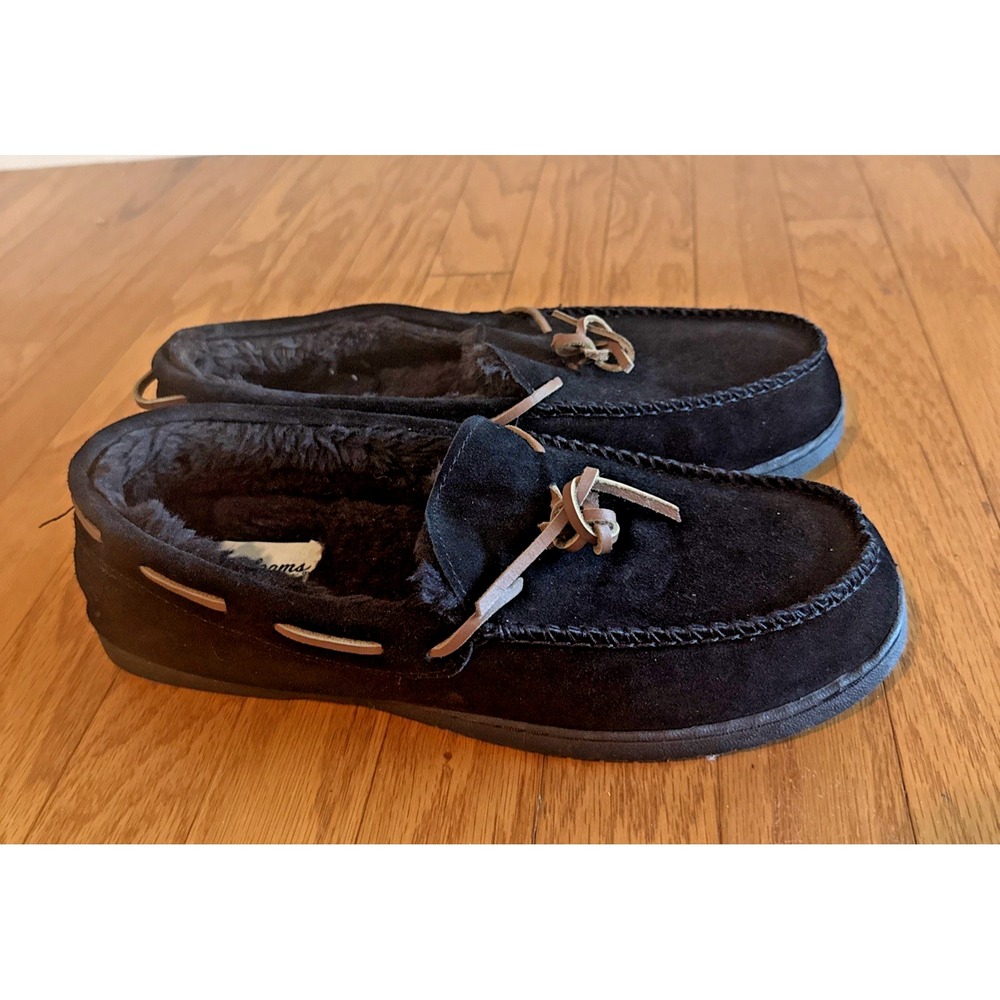 Dearfoams Men's Moccasin Slippers Black Sz 12 Brown Lace Cozy Faux Fur Lining